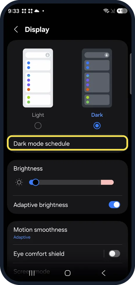 Android screenshot: Open Dark mode schedule
