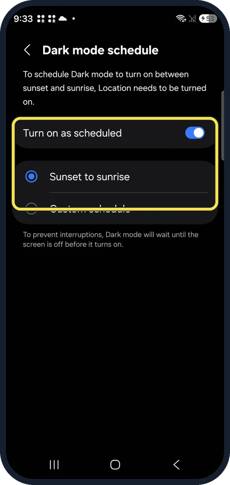 Android screenshot: Turn on Turn on as scheduled