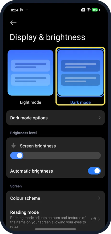 Android screenshot: Tap Dark mode