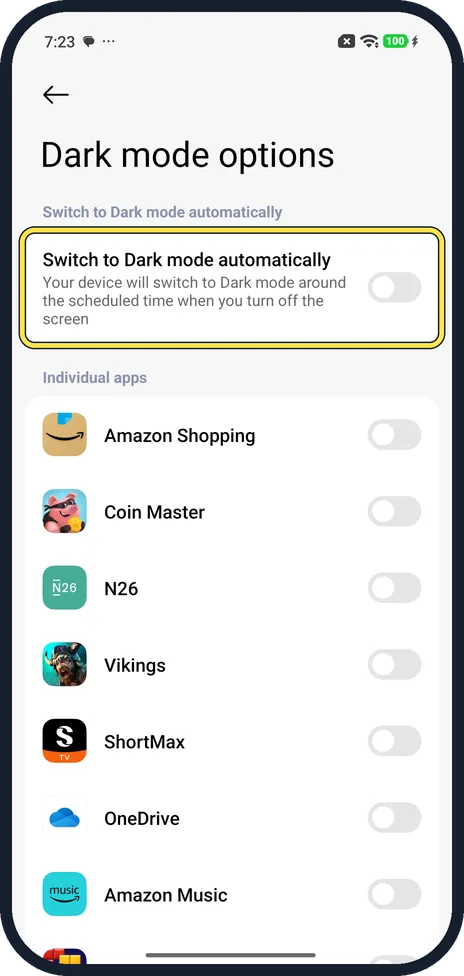 Android screenshot: Turn on the schedule