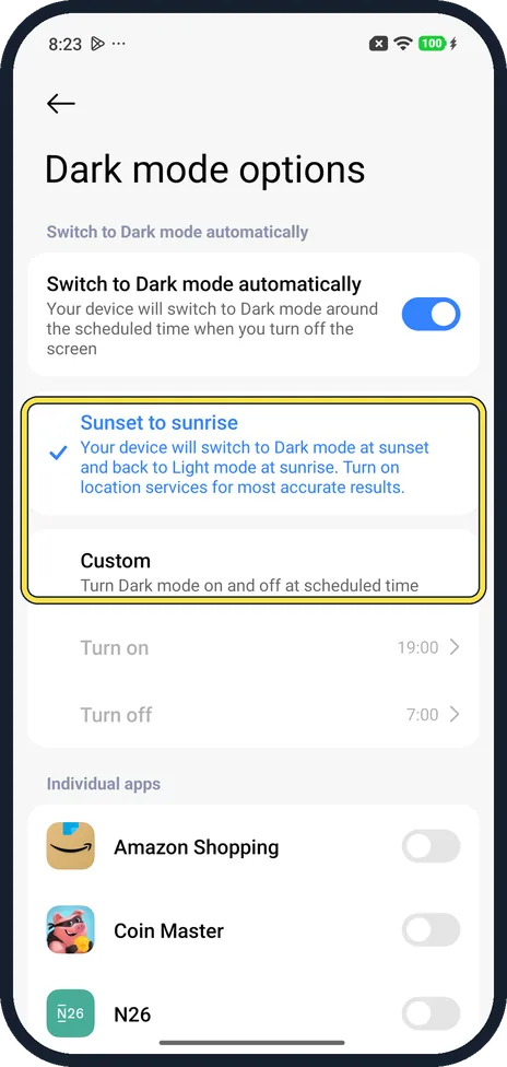 Android screenshot: Pick Sunset to sunrise or Custom