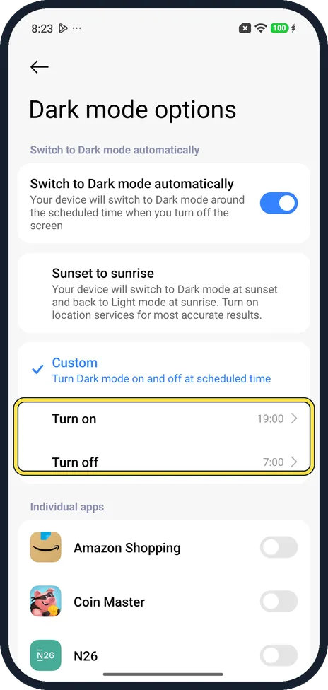 Android screenshot: Set the Custom times