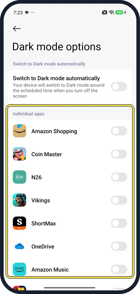 Android screenshot: Choose single apps