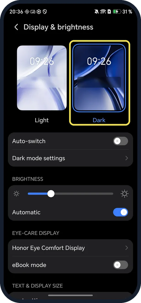 Android screenshot: Tap Dark