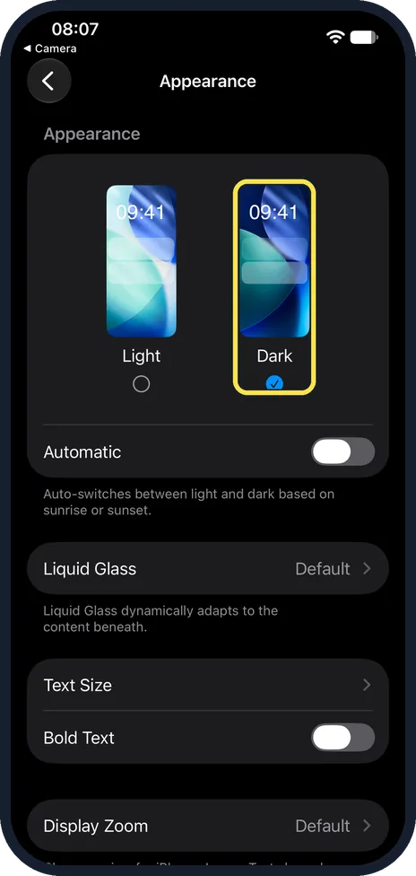 iPhone screen: Choose Dark
