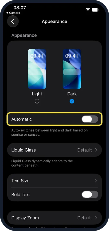 iPhone screen: Switch on Automatic