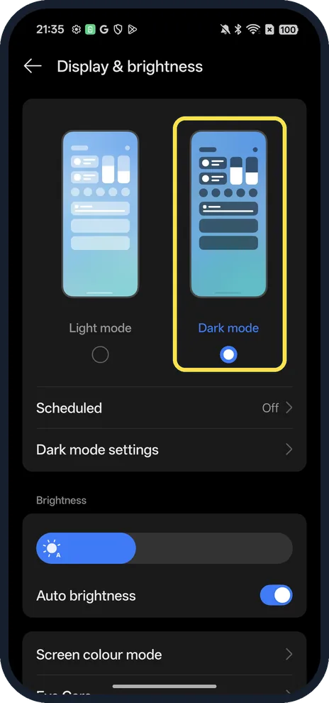 Android screenshot: Tap Dark mode