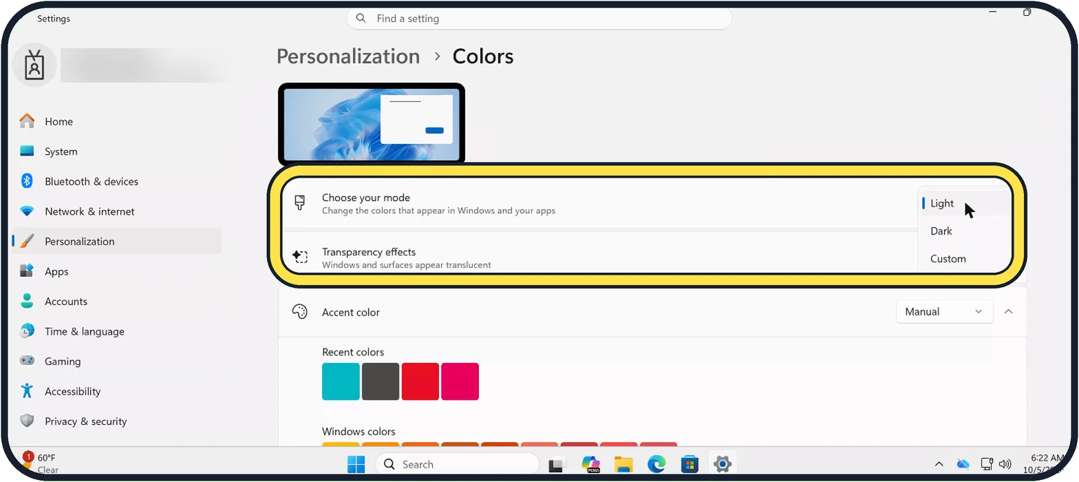 Windows screenshot: Set Choose your mode to Dark