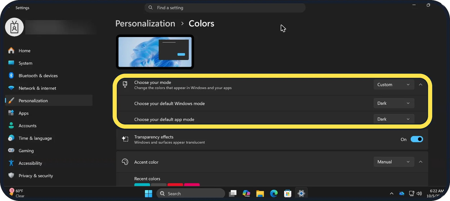 Windows screenshot: Or mix the two with Custom