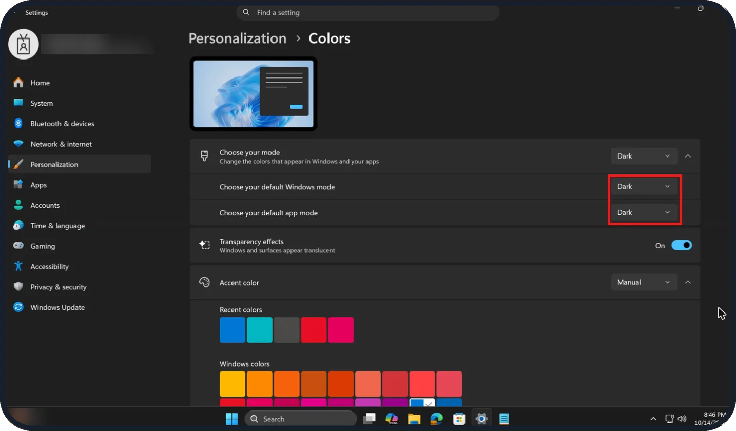 Windows screenshot: Check both menus show Dark