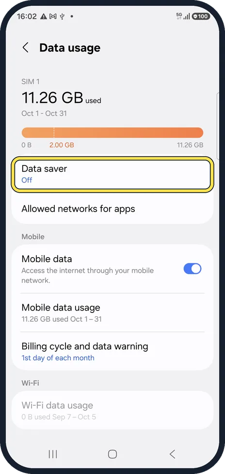 Android screenshot: Tap Data saver
