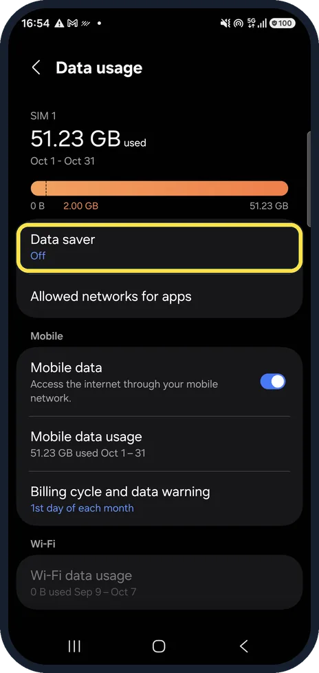 Android screenshot: Tap Data saver