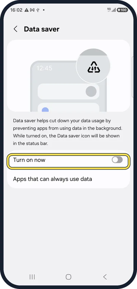 Android screenshot: Switch on Turn on now