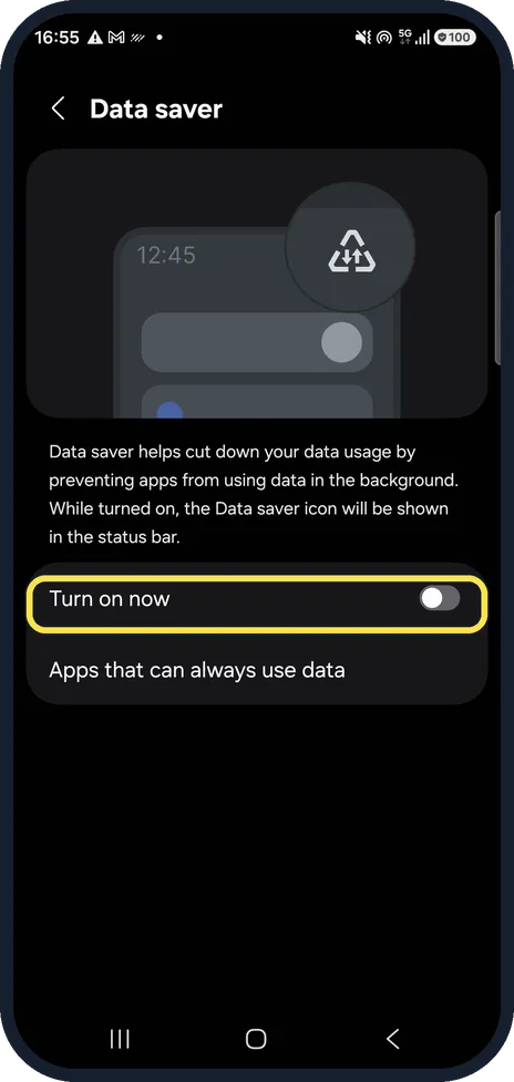 Android screenshot: Switch on Turn on now