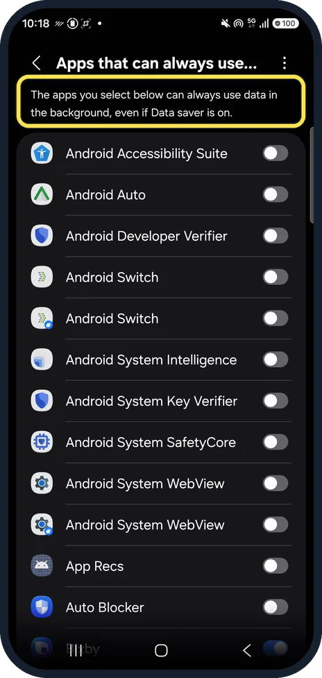 Android screenshot: Let some apps keep using data
