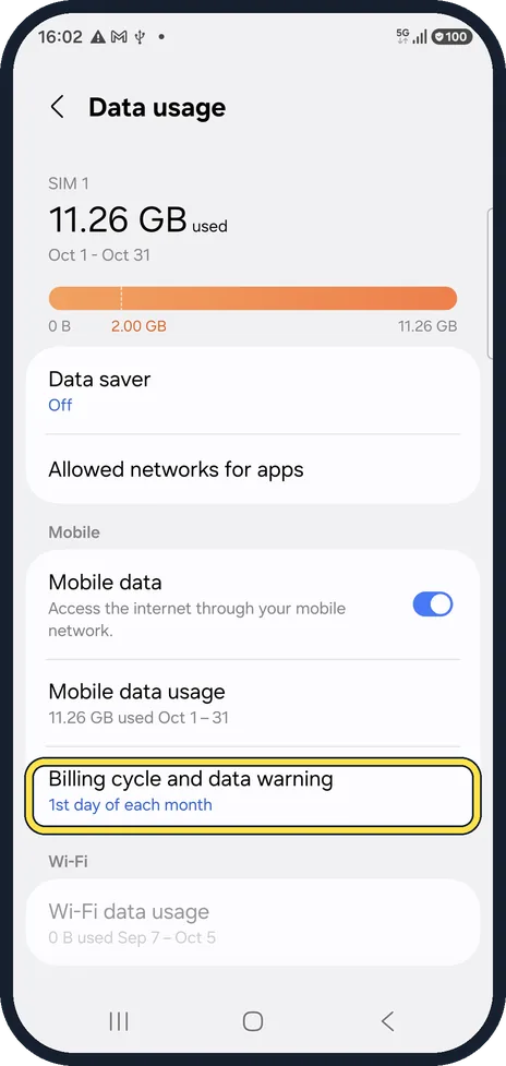 Android screenshot: Set a data warning