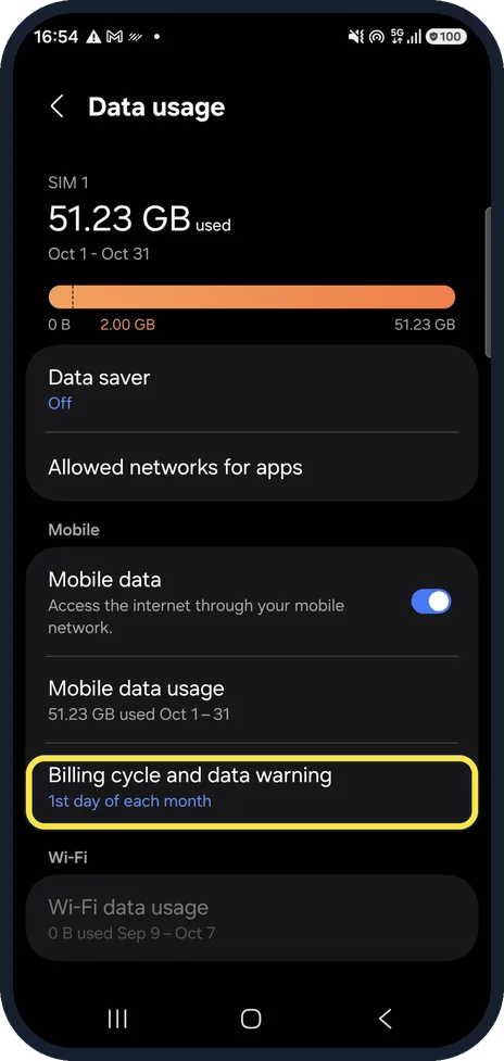 Android screenshot: Set a data warning