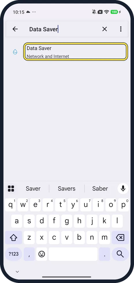 Android screenshot: Search Settings for Data Saver