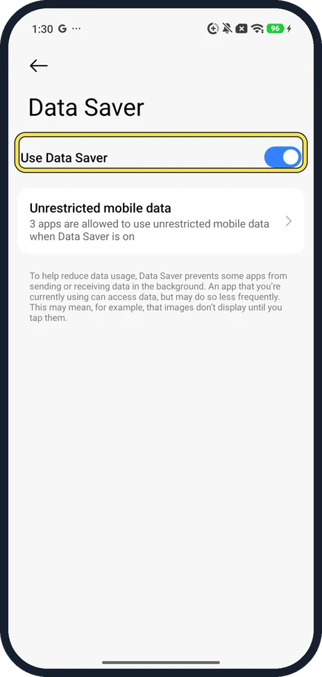 Android screenshot: Turn on Use Data Saver