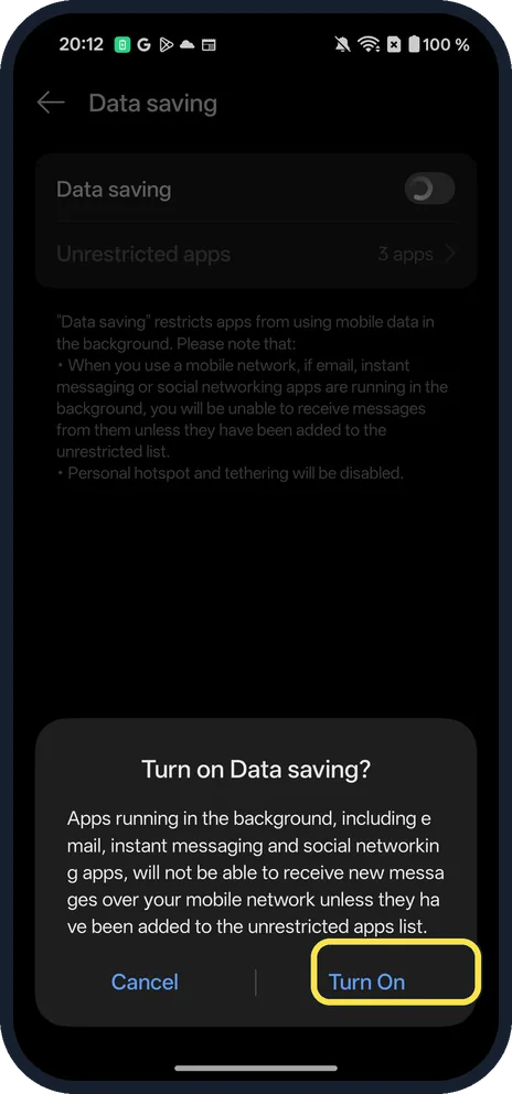 Android screenshot: Tap Turn On