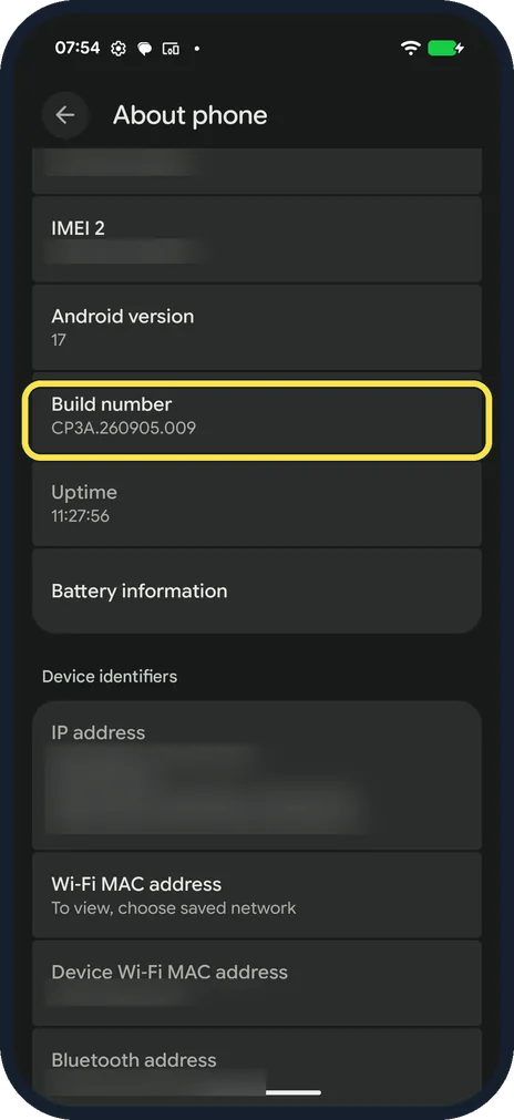 Screenshot from the guide: How to turn on Developer options on a Google Pixel (Android 17)