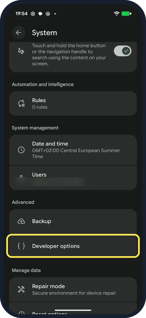 Android screenshot: Find it in System