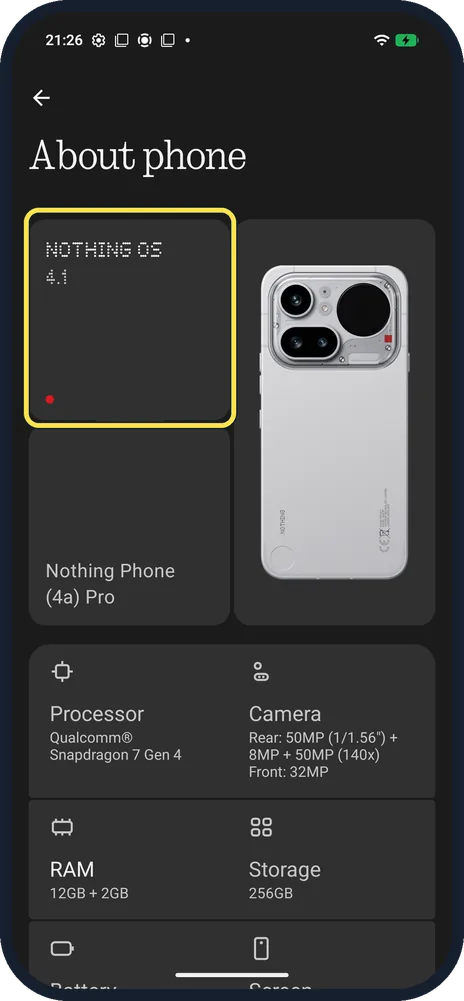 Android screenshot: Tap the NOTHING OS card
