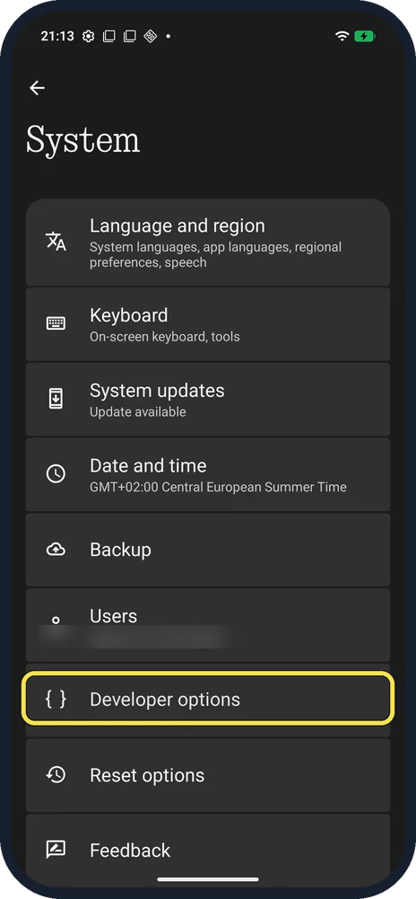 Android screenshot: Open System, Developer options