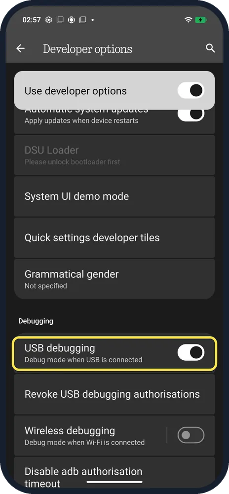 Android screenshot: Turn on USB debugging (optional)