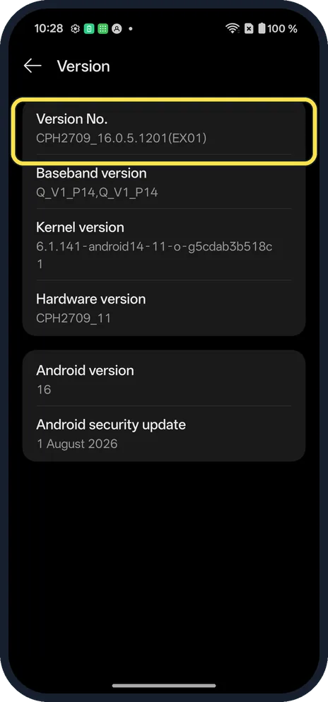 Android screenshot: Find Version No.