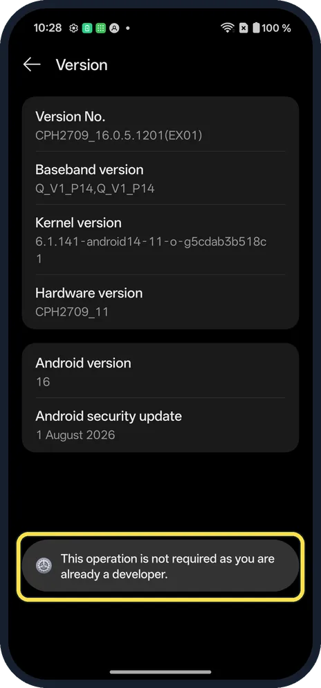 Android screenshot: Tap Version No. seven times