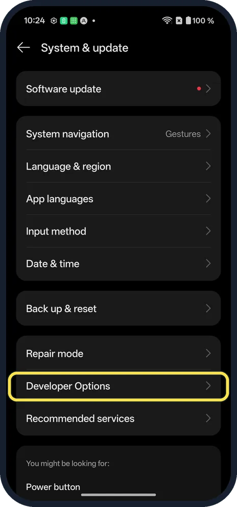 Android screenshot: Find Developer Options