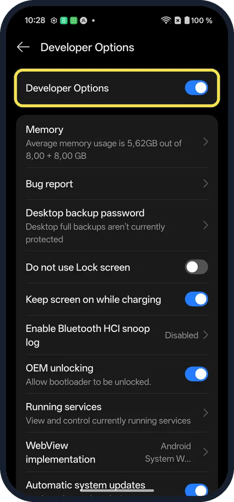 Android screenshot: Check Developer Options is on