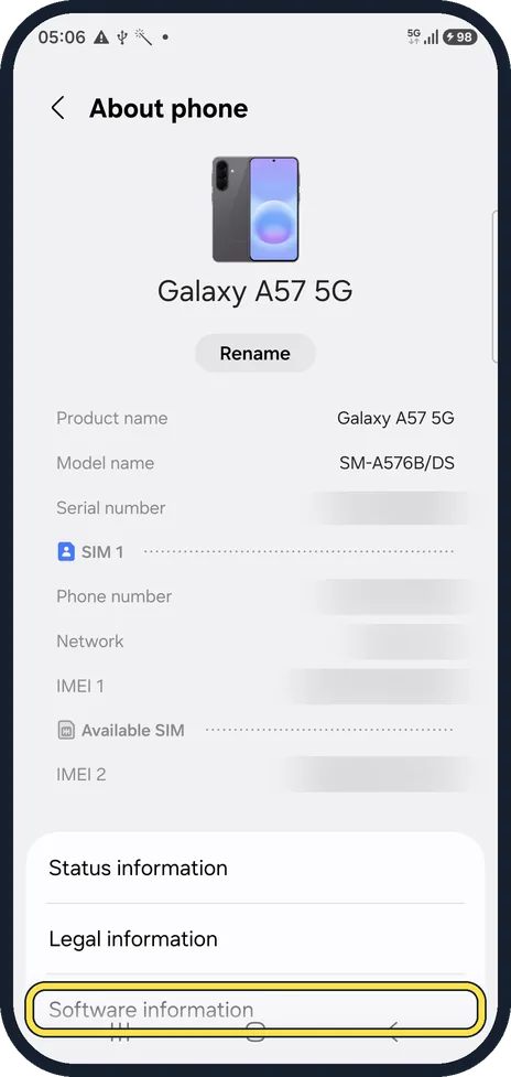 Android screenshot: Tap Software information