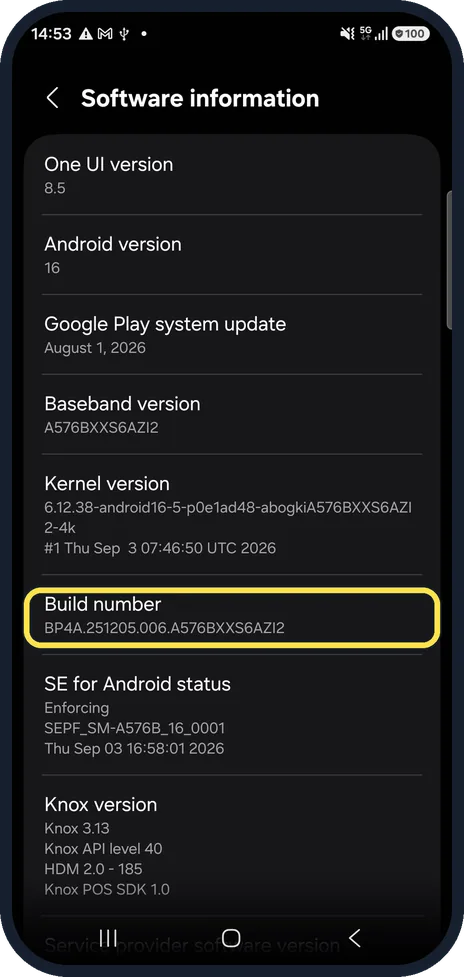 Android screenshot: Tap Build number seven times