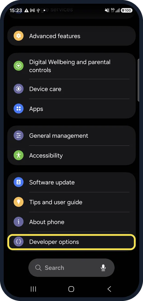 Android screenshot: Find Developer options