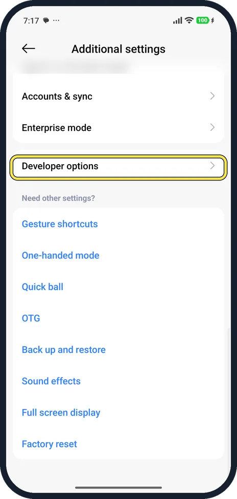 Android screenshot: Open Developer options