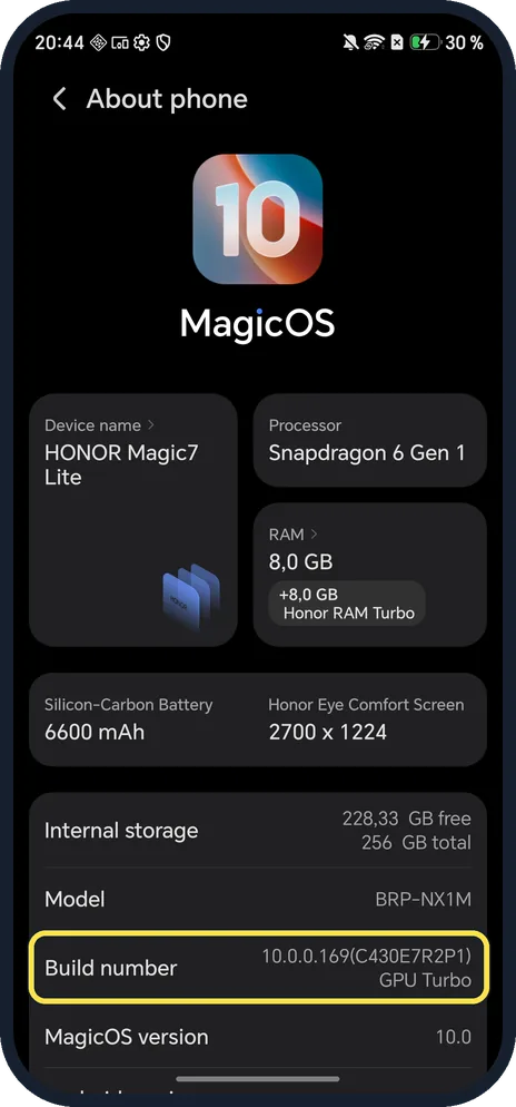 Android screenshot: Tap Build number 7 times