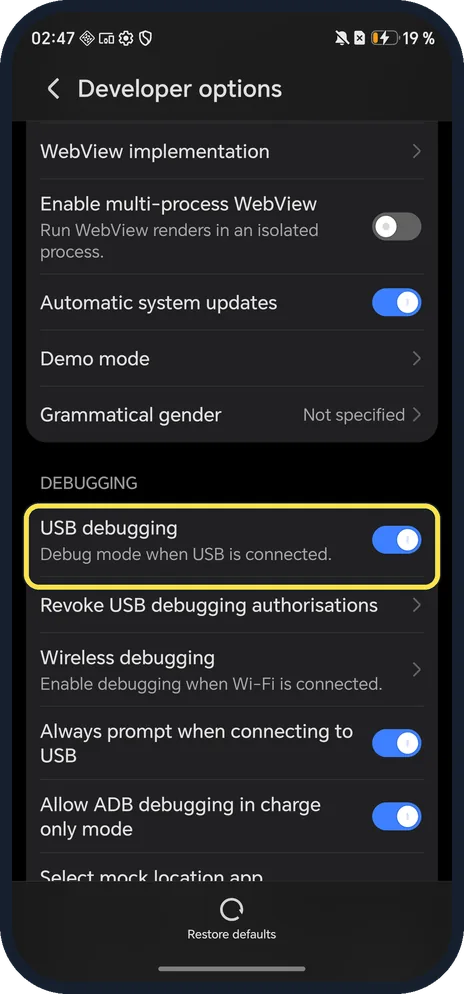 Android screenshot: Turn on USB debugging