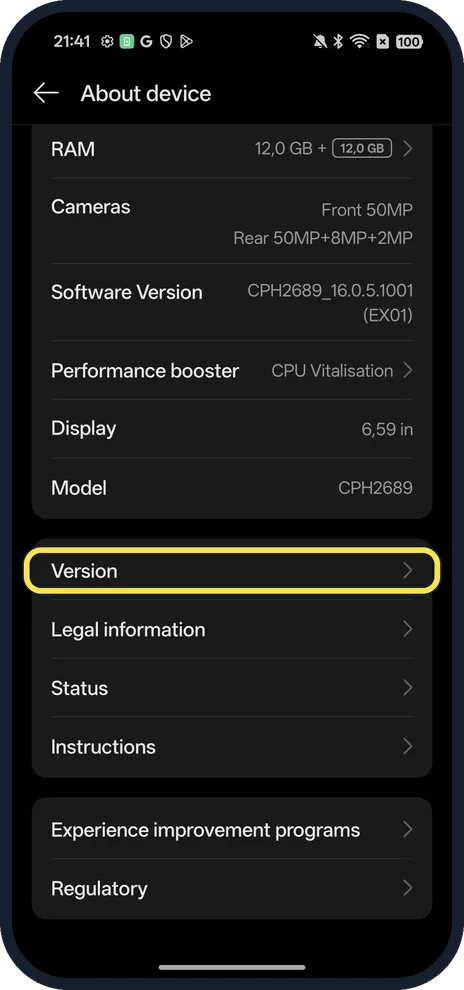 Android screenshot: Tap Version