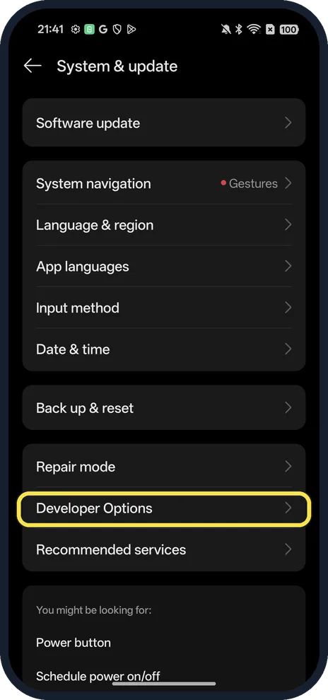 Android screenshot: Open System & update, Developer Options