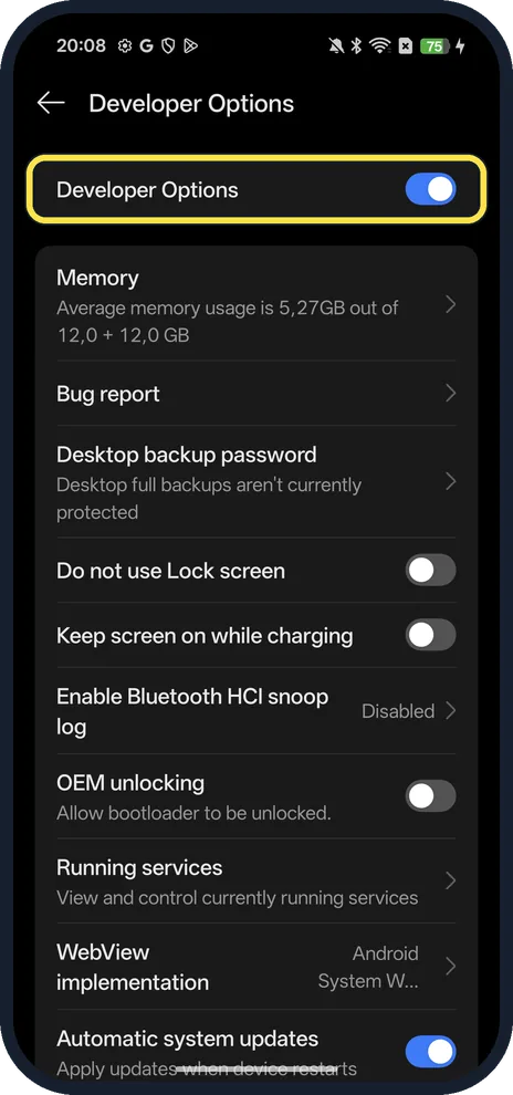 Android screenshot: Check the main switch