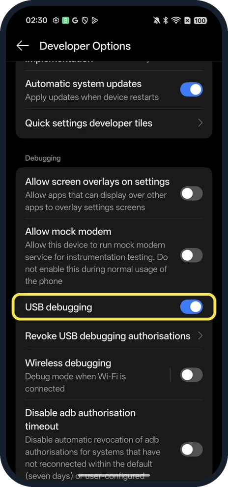 Android screenshot: Turn on USB debugging (optional)