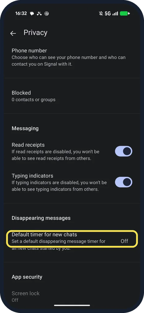 Android screenshot: Tap Default timer for new chats