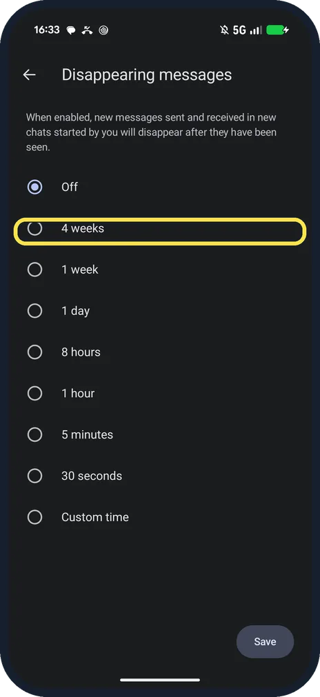 Android screenshot: Pick a time and tap Save