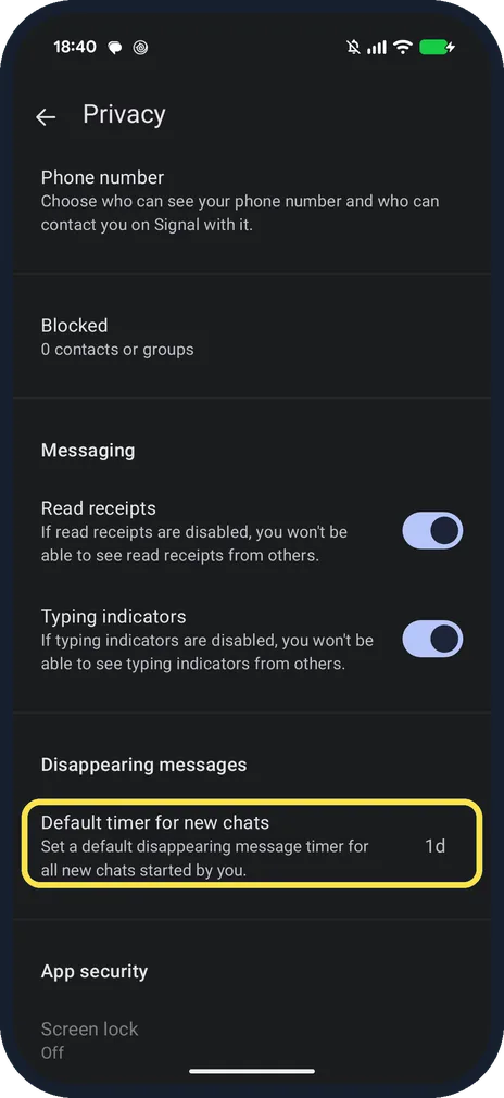 Android screenshot: Check the Privacy page