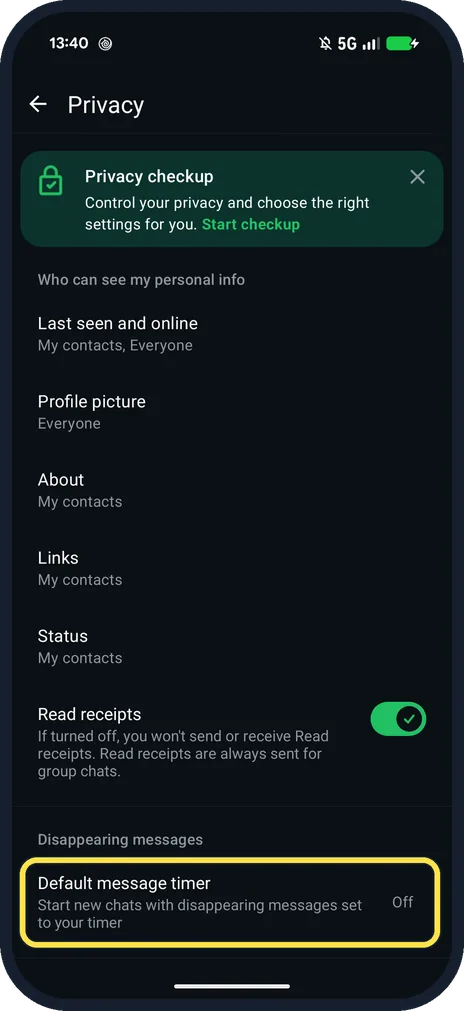 Android screenshot: Tap Default message timer
