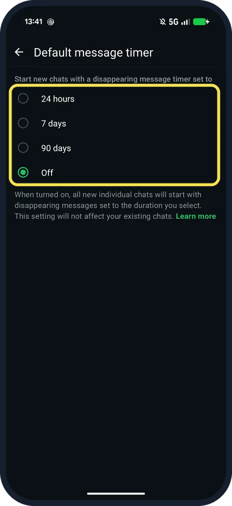Android screenshot: Choose 24 hours, 7 days or 90 days