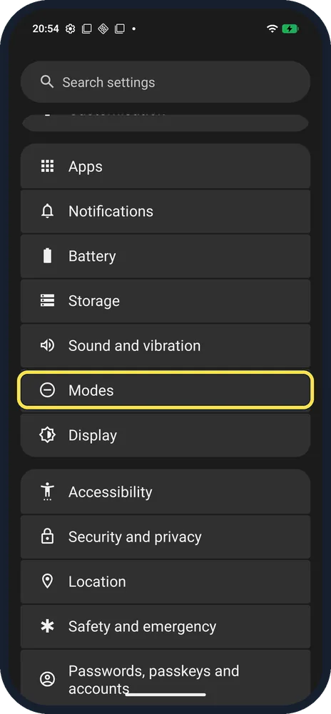 Android screenshot: Open Modes
