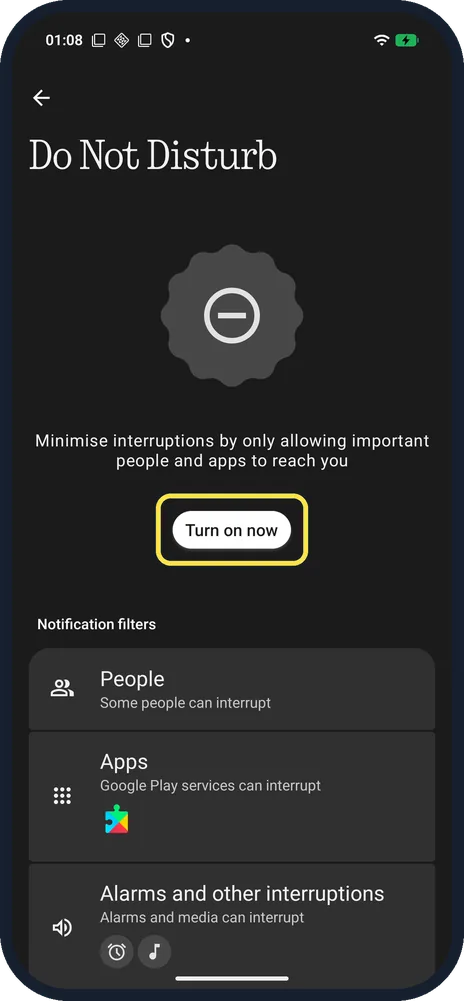 Android screenshot: Tap Turn on now